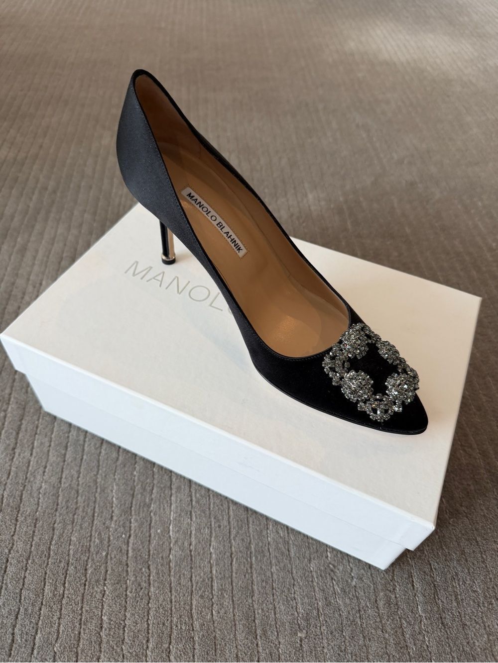 Manolo Blahnik Black Satin Hangisi Crystal-Embellished Pump - Picture 2 of 8